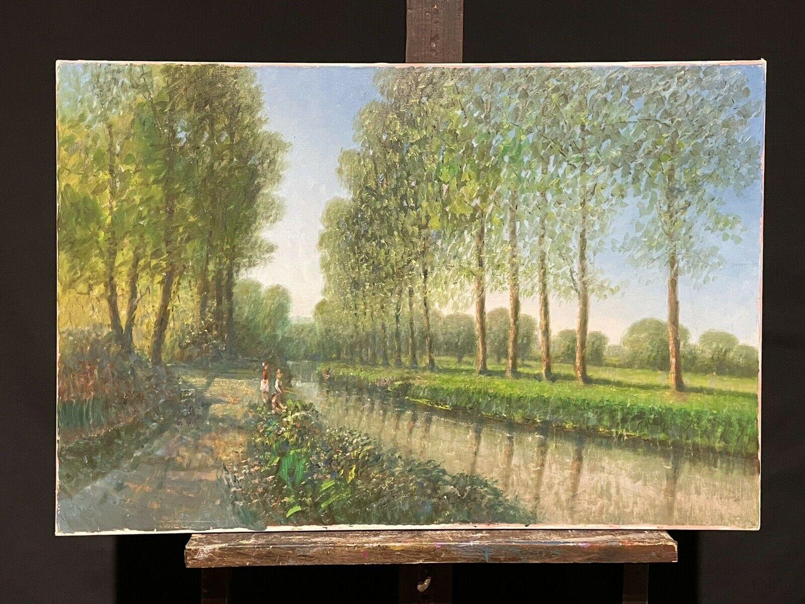 LARGE FRENCH IMPRESSIONIST SIGNED OIL - POPLAR TREES RIVERBANK WITH FIGURES - Painting by L. Ritter