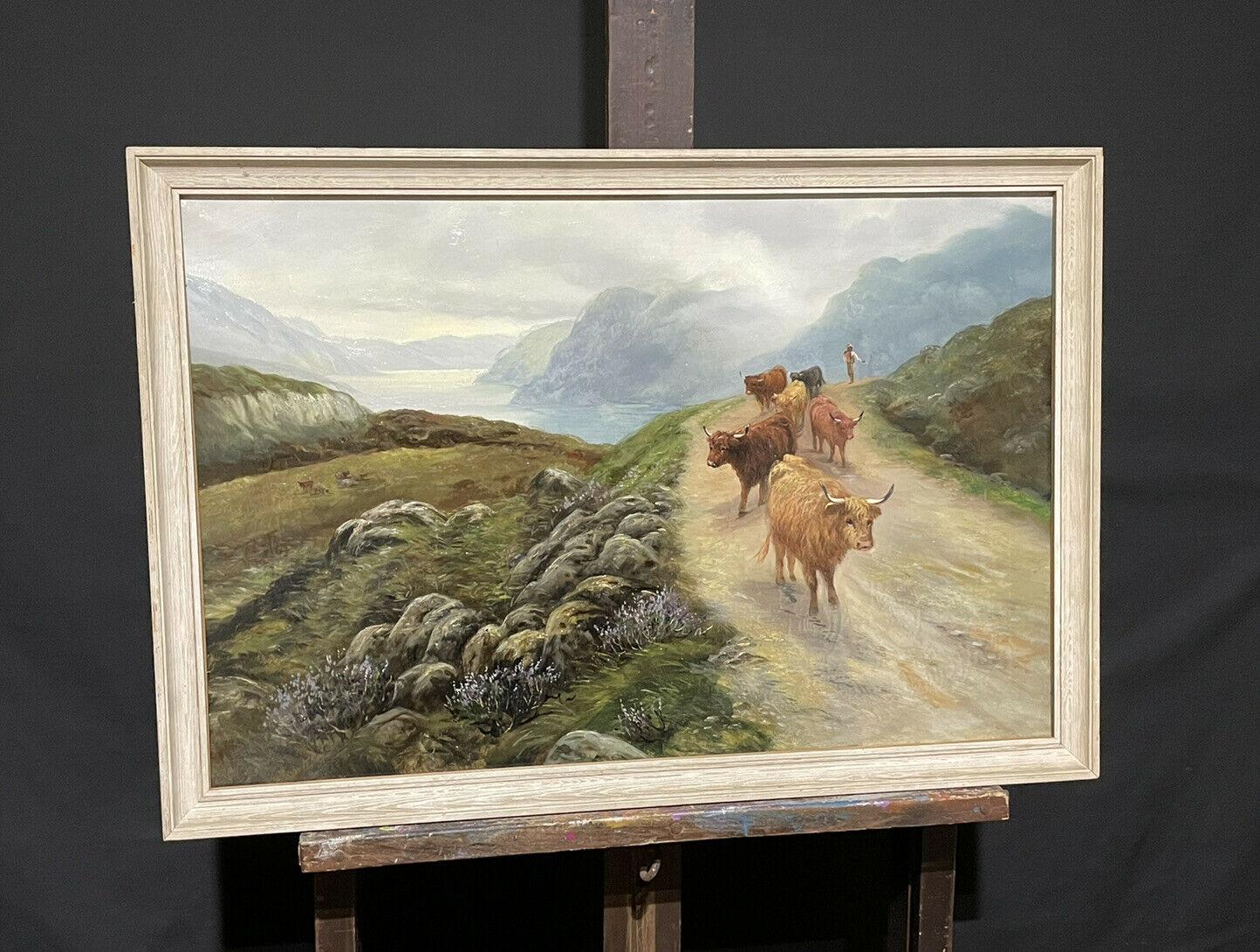 ANTIQUE SCOTTISH OIL PAINTING - CATTLE WALKING THE MOUNTAIN PATH - LOCH LONG - Painting by Scottish School