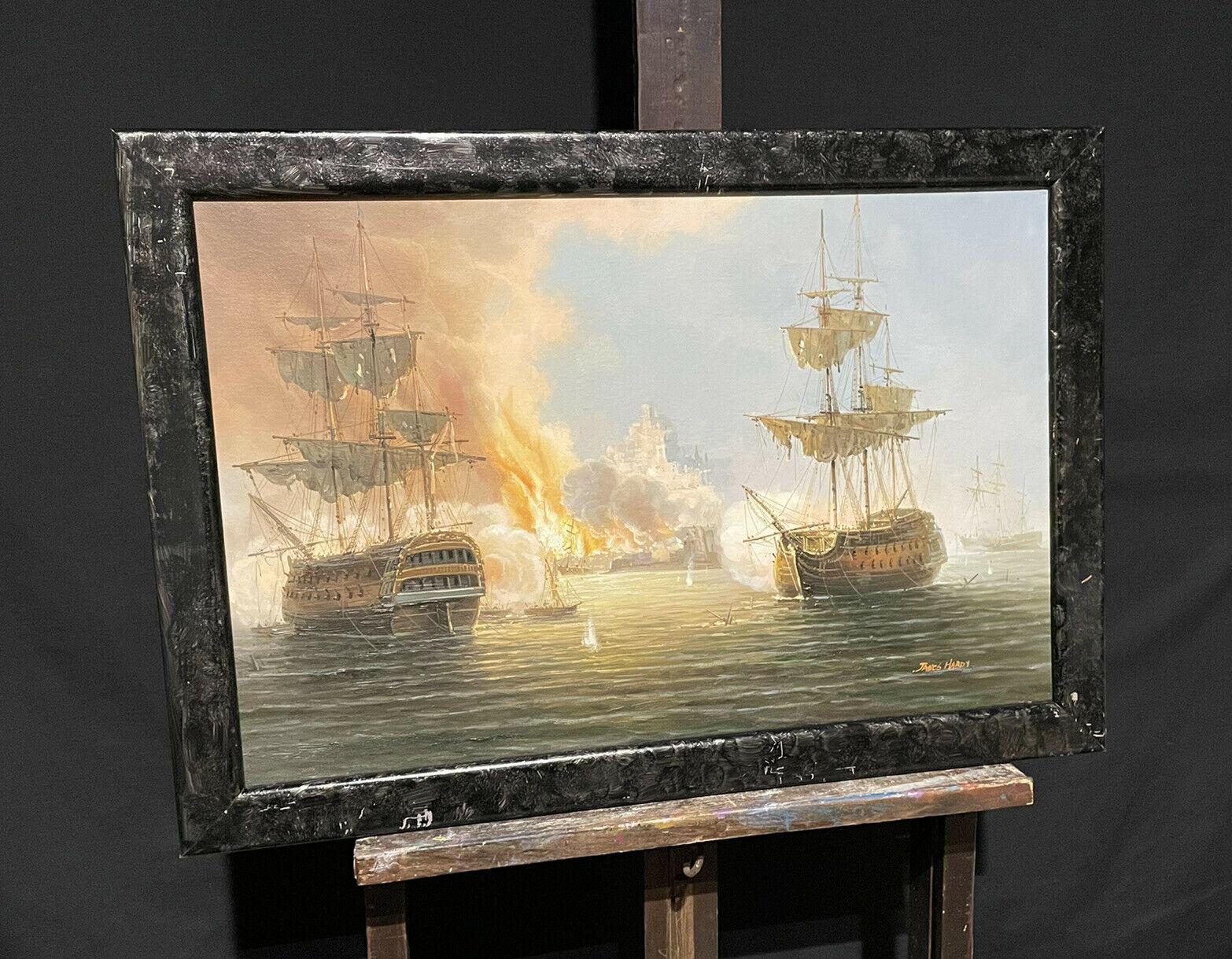 LARGE BRITISH MARINE SIGNED OIL PAINTING - NAVAL HISTORICAL BATTLE SCENE - Painting by James Hardy