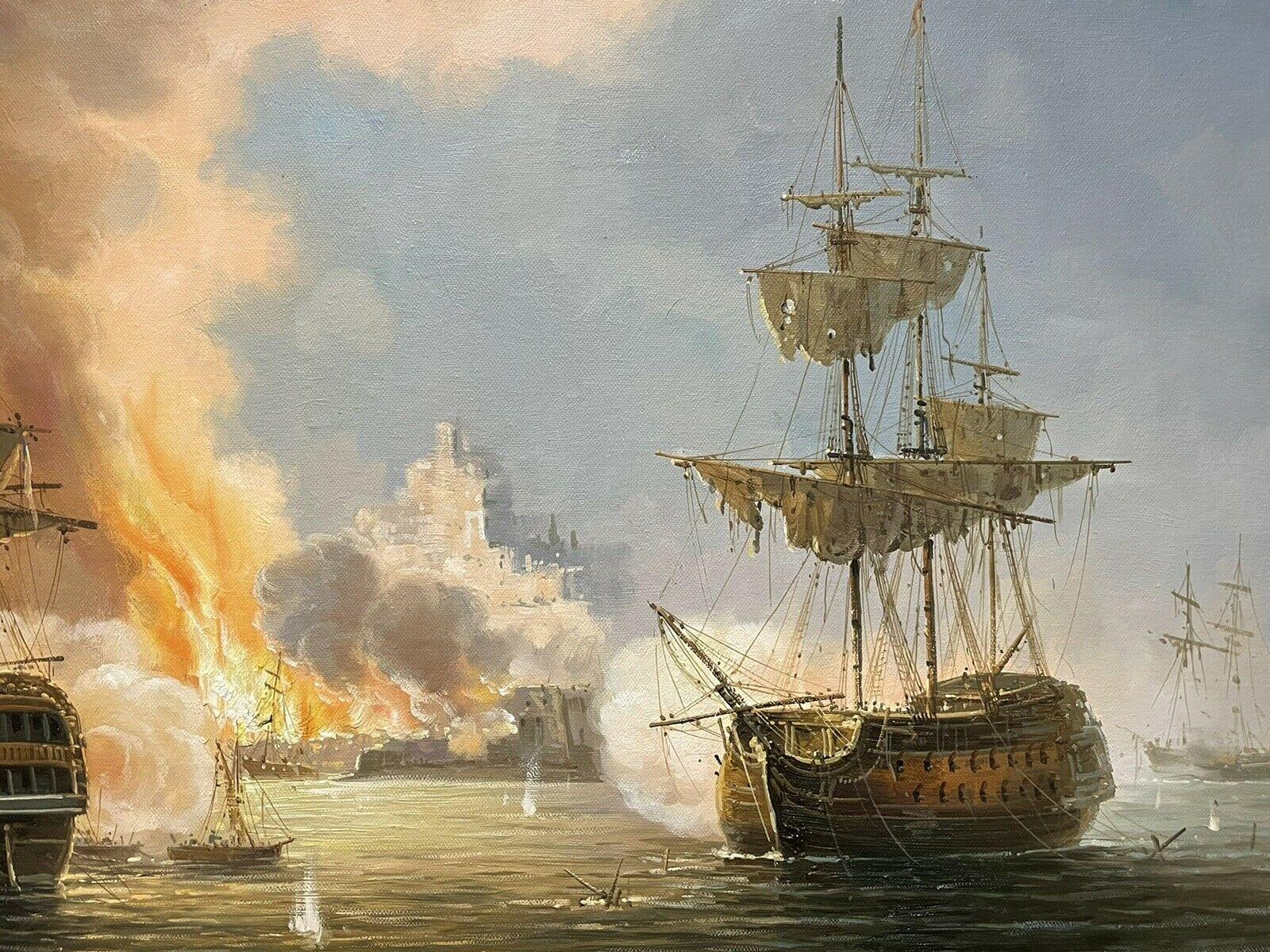 LARGE BRITISH MARINE SIGNED OIL PAINTING - NAVAL HISTORICAL BATTLE SCENE - Victorian Painting by James Hardy