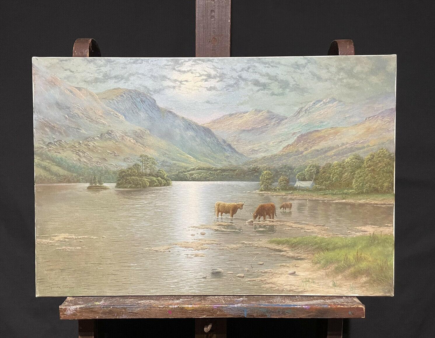 Scottish Highlands Loch Scene with Cattle Watering Fading Sunset Light - Signed - Painting by Spencer Coleman
