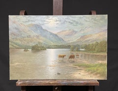Scottish Highlands Loch Scene with Cattle Watering Fading Sunset Light - Signed