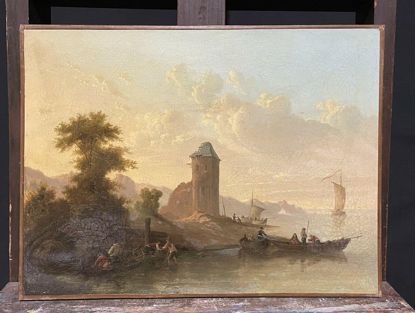 18th/19th C. SIGNED EUROPEAN OIL PAINTING ON CANVAS - MERCHANT PORT AT SUNSET - Painting by Continental School