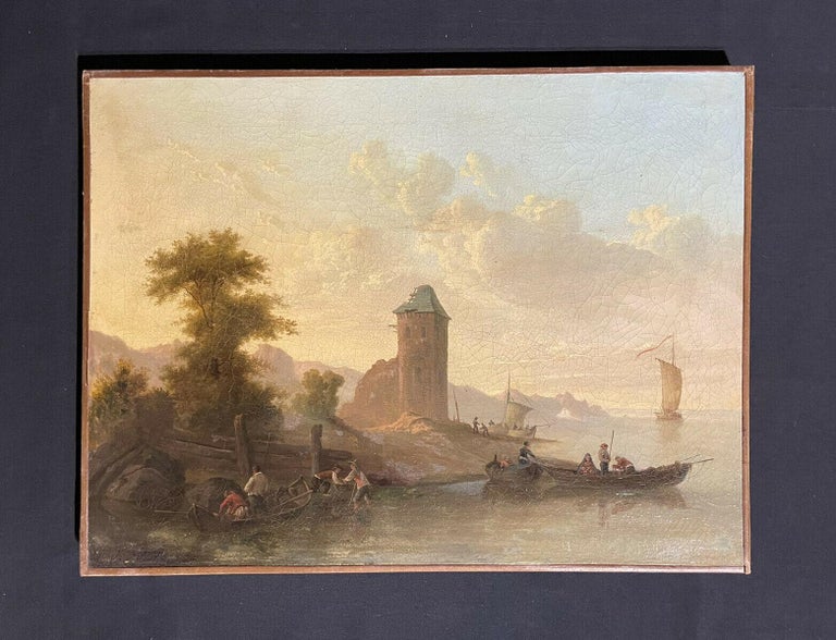 18th/19th C. SIGNED EUROPEAN OIL PAINTING ON CANVAS - MERCHANT PORT AT SUNSET For Sale 2