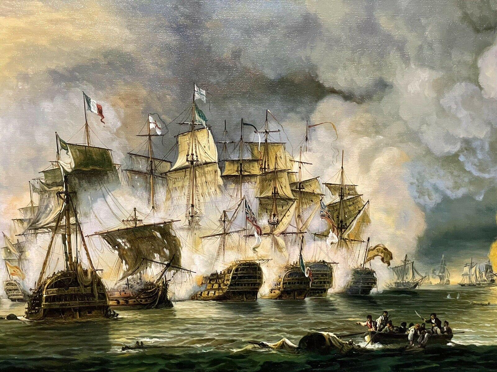 Artist/ School: Edgar S. Nucum (Australian, 20th century), signed lower corner.

Title: The Naval Engagement. The work depicts a historical battle scene from the Napoleonic Wars period - most likely the famous Battle of Trafalgar, October 21st,