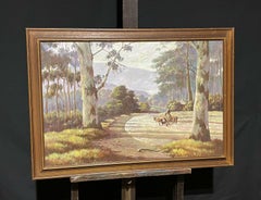 LARGE AMERICAN SIGNED OIL PAINTING - CATTLE HERDER ON HORSEBACK WIDE LANDSCAPE