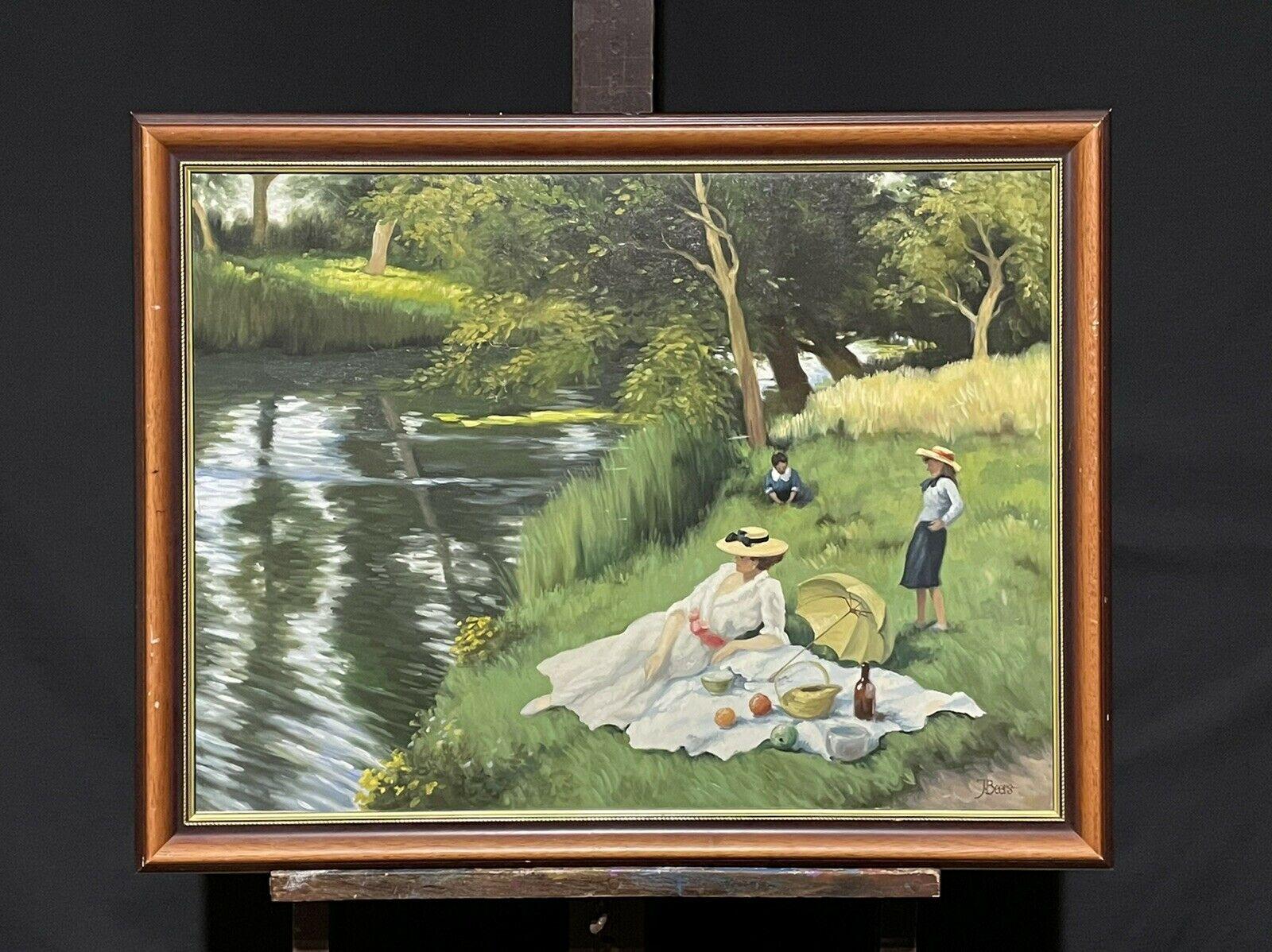 LARGE DUTCH 20TH CENTURY IMPRESSIONIST SIGNED OIL - FAMILY PICNIC BY THE RIVER - Painting by J. Beers