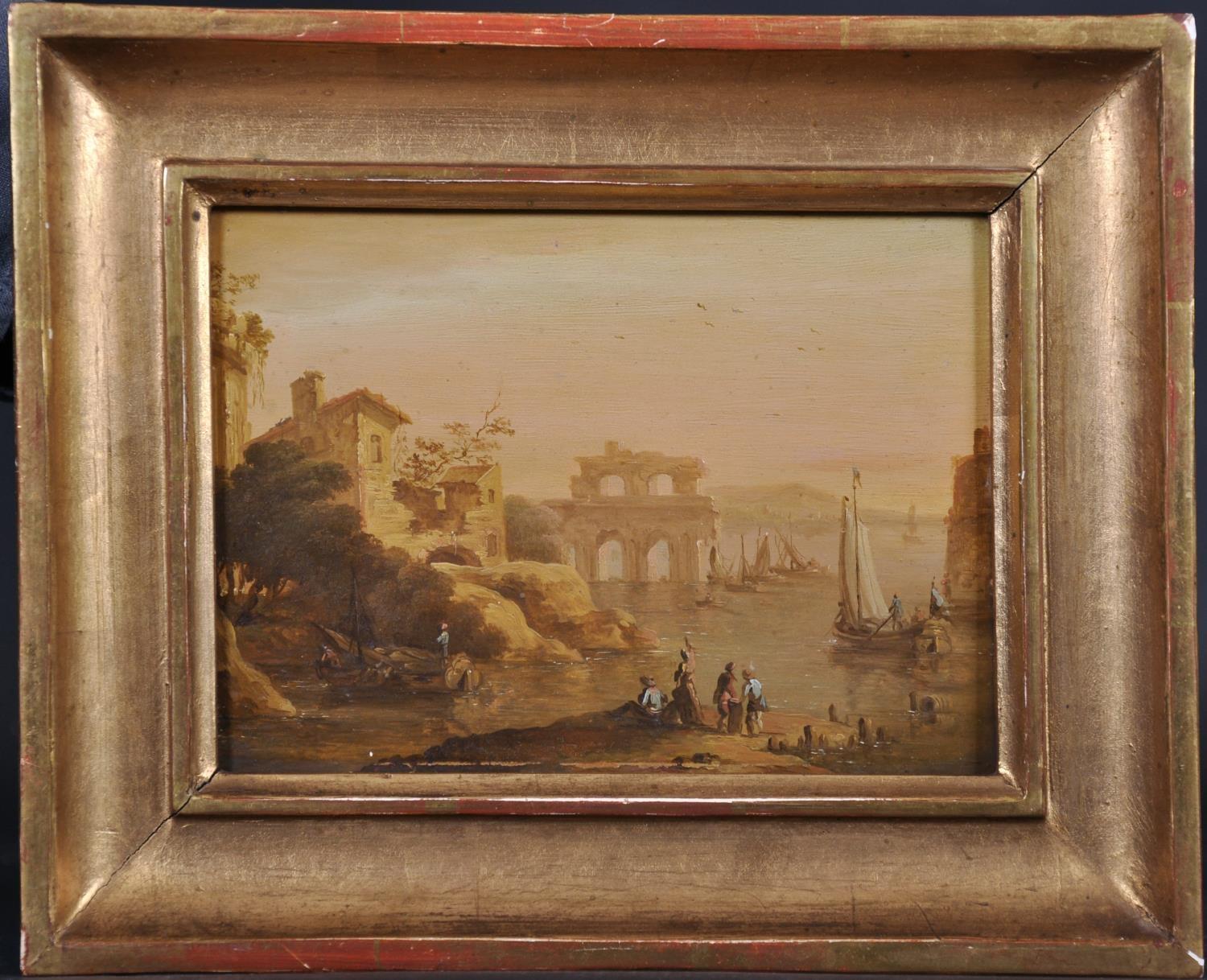 1700's ITALIAN/ AUSTRIAN OIL ON PANEL - CAPRICCIO COASTAL SCENE FIGURES & BOATS - Painting by Franz de Paula Ferg (1689-1740)