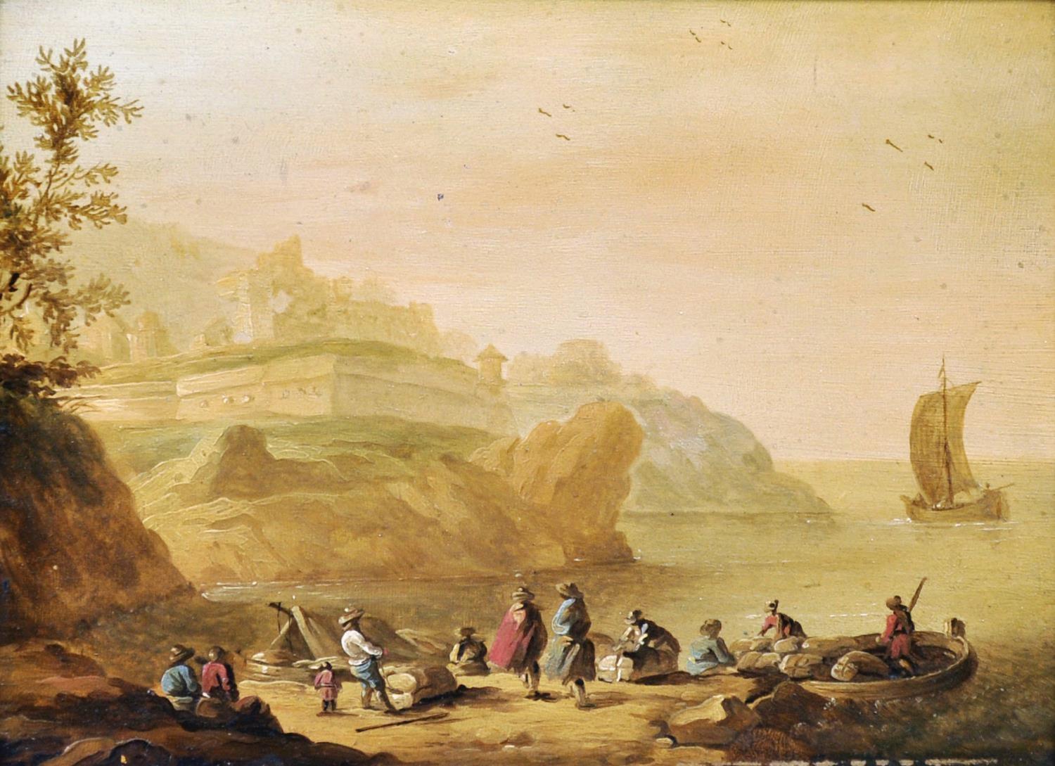 1700's ITALIAN/ AUSTRIAN OIL ON PANEL - CAPRICCIO RUINS UNLOADING BOATS