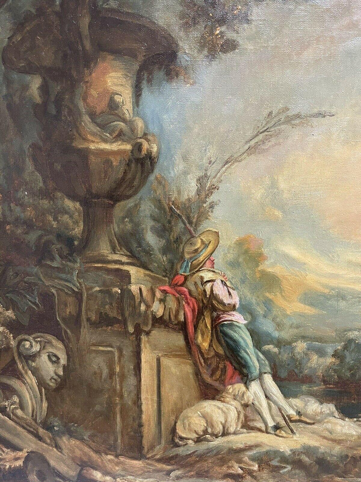 Huge Antique French Rococo Oil Painting Shepherd by Stone Statue Wood Landscape - Brown Figurative Painting by Jean-Baptiste Pater (1695-1736) 