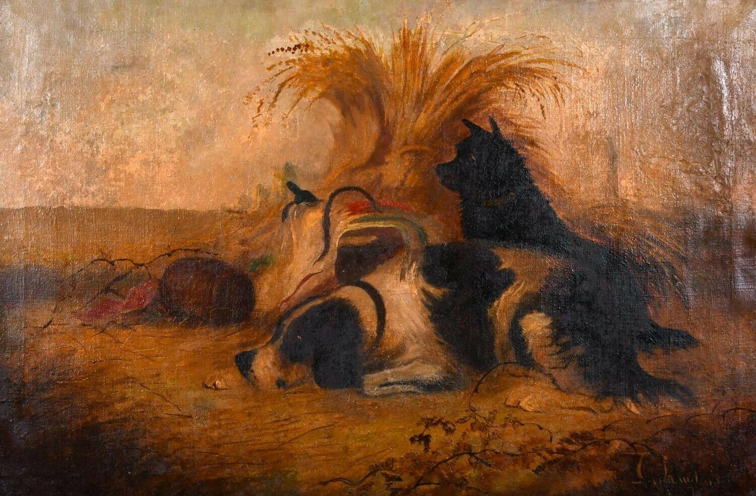 J. Langlois Animal Painting - J. LANGLOIS (1855-1904) SIGNED LARGE FRAMED OIL - DOGS RESTING BY PICNIC HAMPER