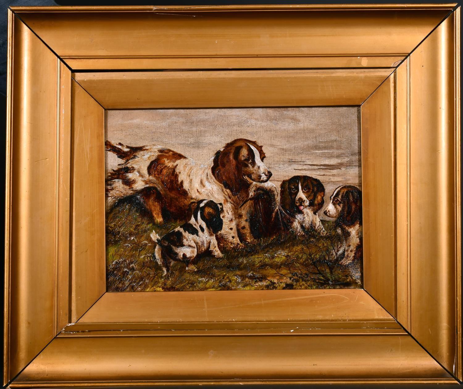 VICTORIAN SIGNED OIL PAINTING - SPANIEL DOG WITH HER PUPPIES IN LANDSCAPE - Painting by G. Summerville