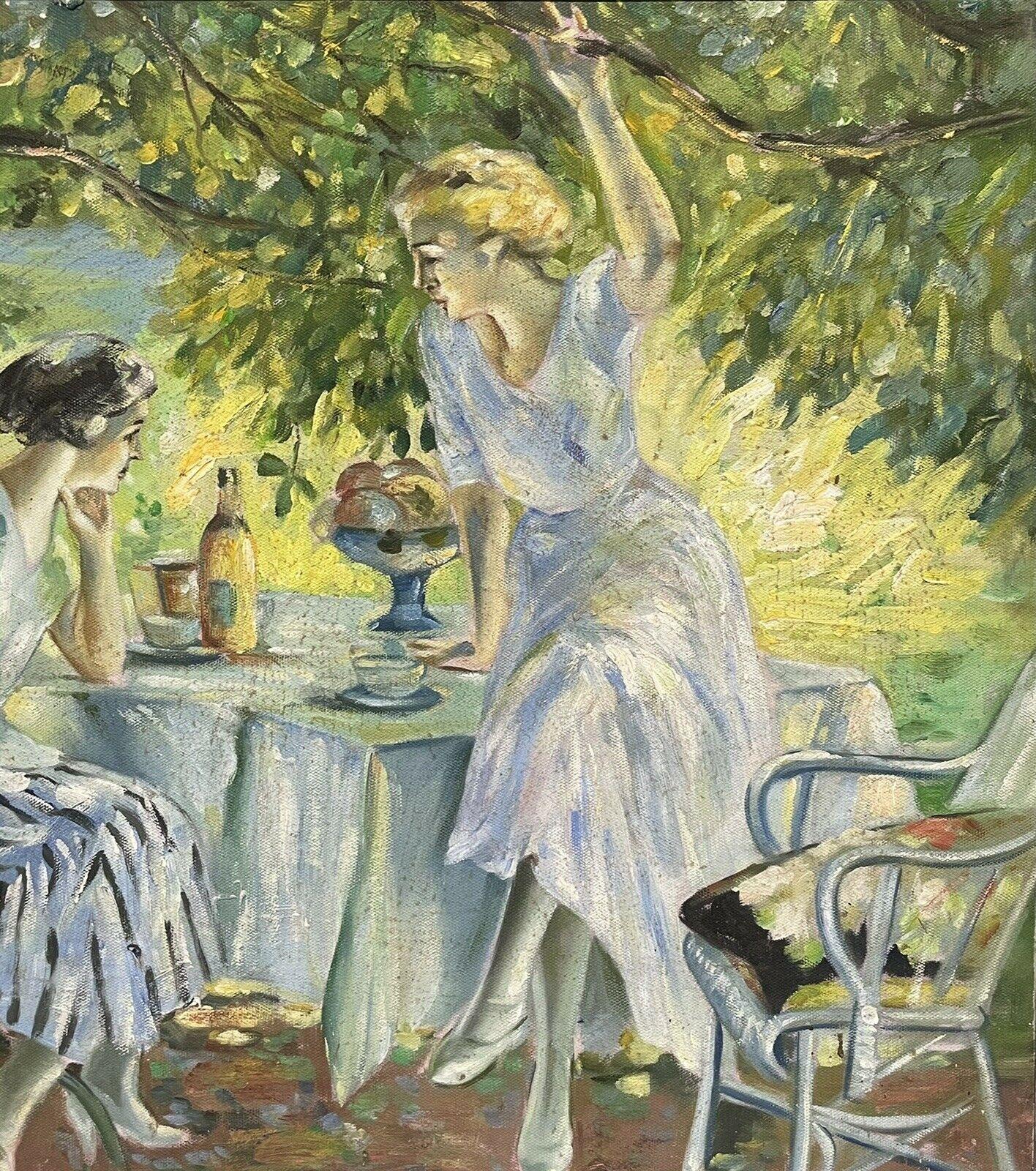 SIGNED FRENCH OIL - ELEGANT ART DECO LADIES ENJOYING PICNIC AT TABLE RIVER BANK - Impressionist Painting by French impressionist