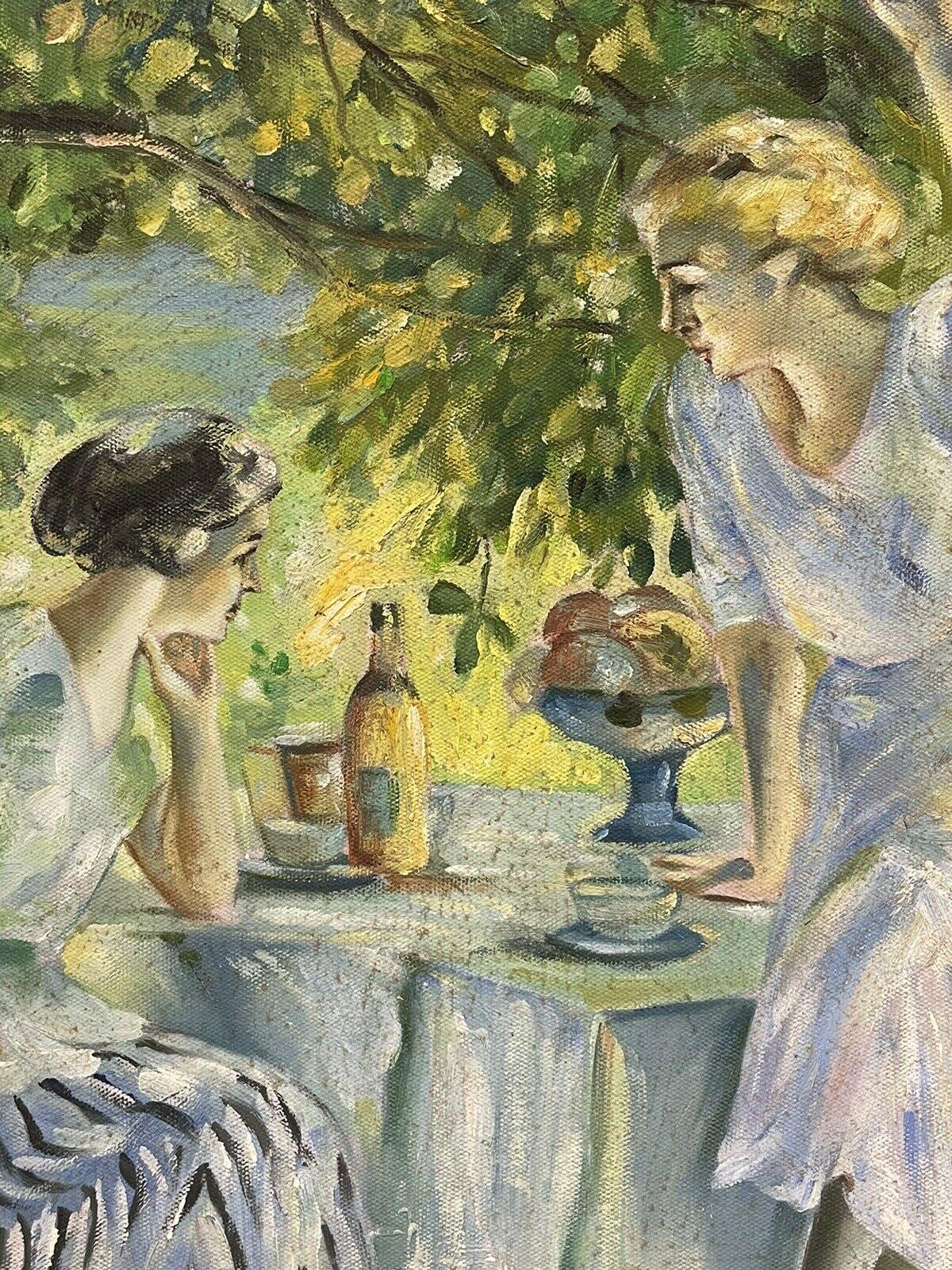 Artist/ School: French School, 20th century, indistinctly signed.

Title: Lunch by the River

Medium: oil painting on board, framed.

Size: painting: 16 x 20 inches, frame: 19.5 x 23.5 inches

Provenance: private collection, UK

Condition: The