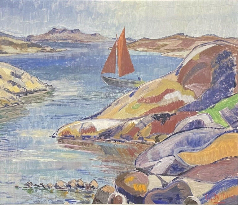 French Fauvist Landscape Painting - 1940's FRENCH SIGNED POST-IMPRESSIONIST/ FAUVIST OIL - BOATS OFF ROCKY COASTLINE