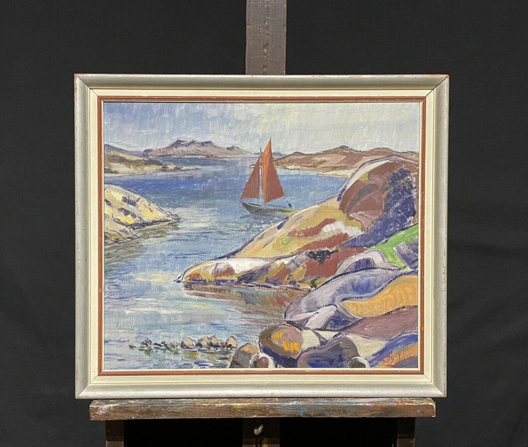 1940's FRENCH SIGNED POST-IMPRESSIONIST/ FAUVIST OIL - BOATS OFF ROCKY COASTLINE - Painting by French Fauvist