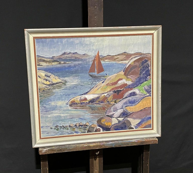 1940's FRENCH SIGNED POST-IMPRESSIONIST/ FAUVIST OIL - BOATS OFF ROCKY COASTLINE - Fauvist Painting by French Fauvist