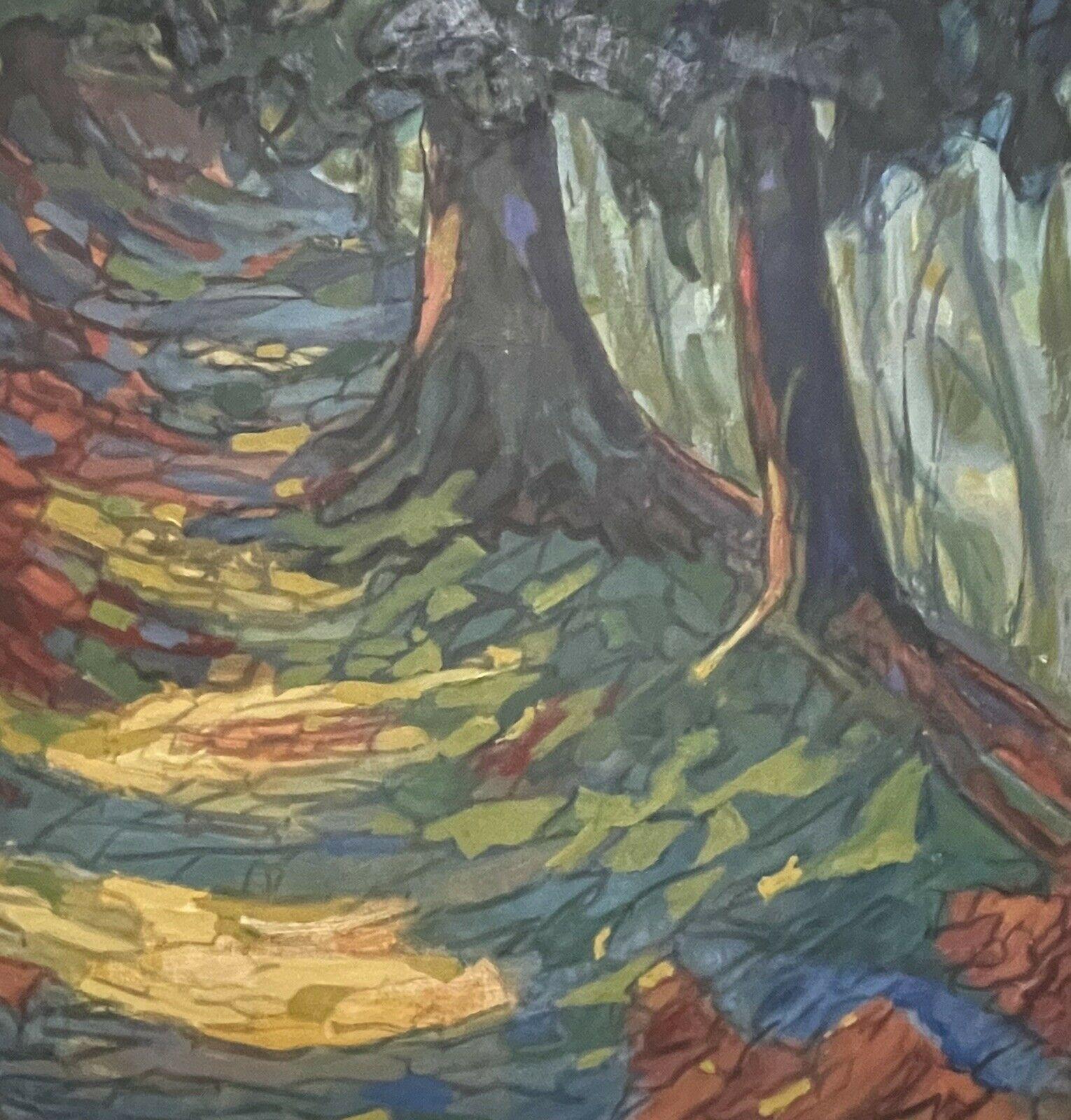 1960's French Fauvist Oil Painting - Avenue of Woodland Trees Dappled Light Path For Sale 2