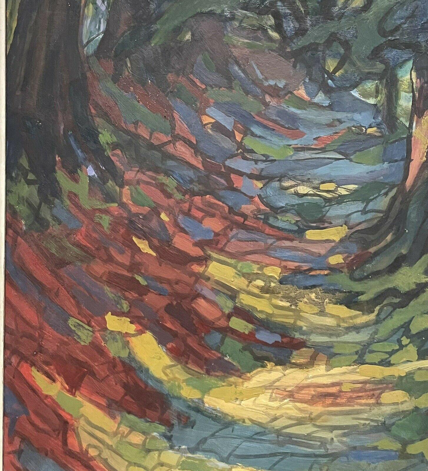 1960's French Fauvist Oil Painting - Avenue of Woodland Trees Dappled Light Path For Sale 3