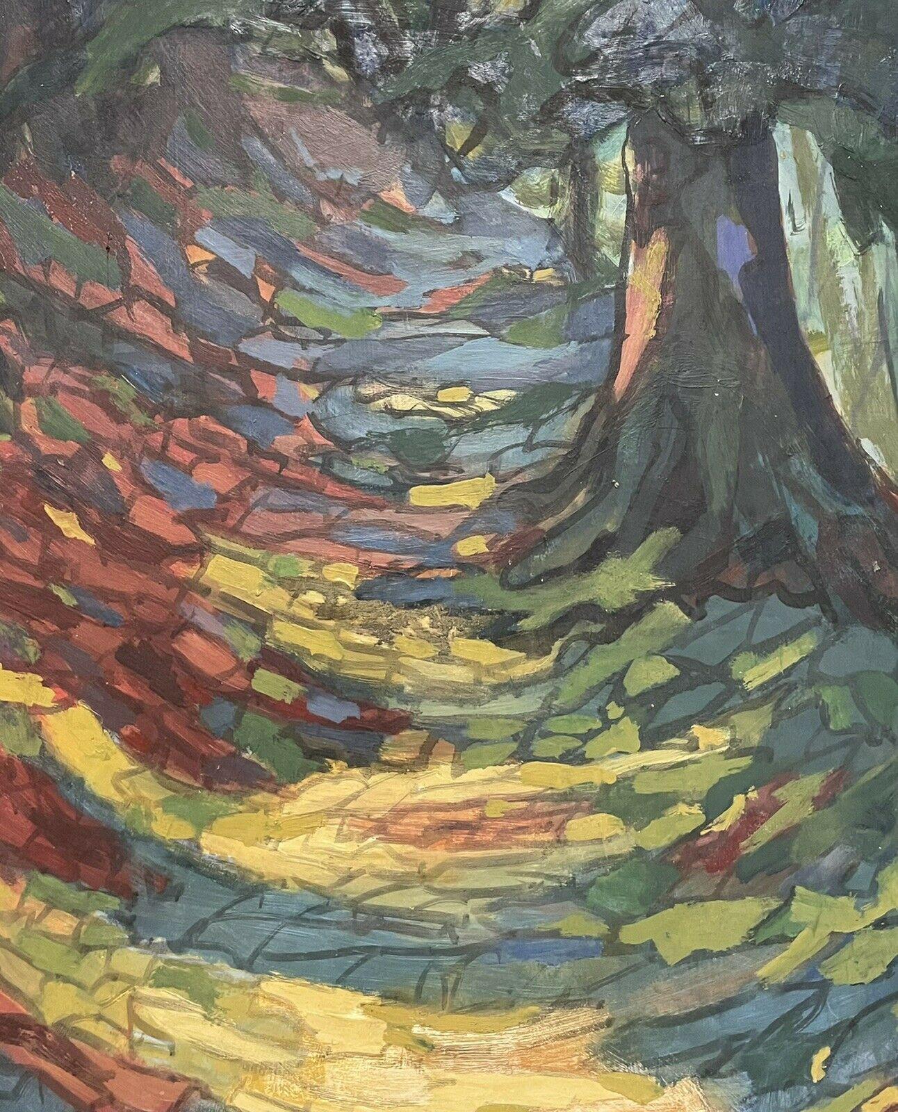 1960's French Fauvist Oil Painting - Avenue of Woodland Trees Dappled Light Path For Sale 4