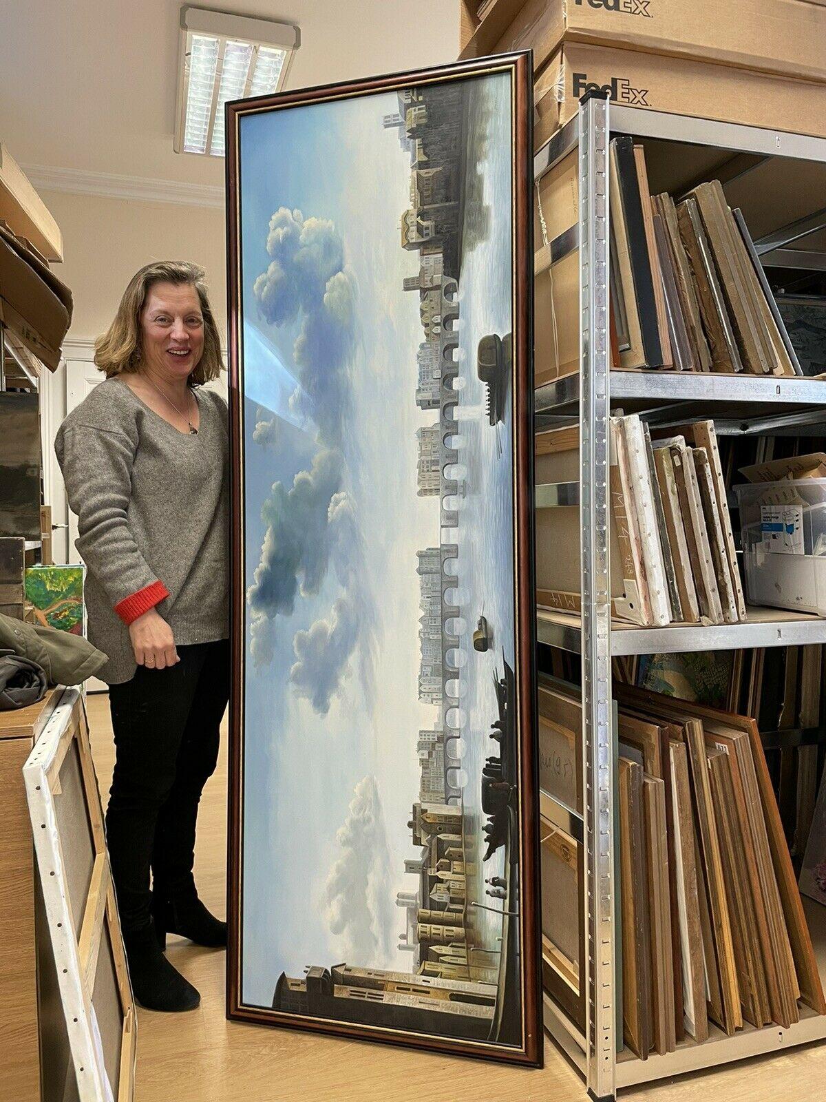 ENORMOUS SIGNED OIL PAINTING - HISTORICAL RIVER THAMES LONDON SKYLINE PANORAMIC 1