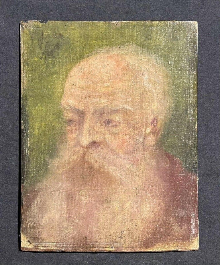 Artist/ School: French School, late 19th century, indistinctly monogrammed upper left corner.

Title: Portrait of a Bearded Man

Medium: oil painting on canvas laid to board, unframed.

Size:  painting: 9.25 x 7.25 inches

Provenance: from a private