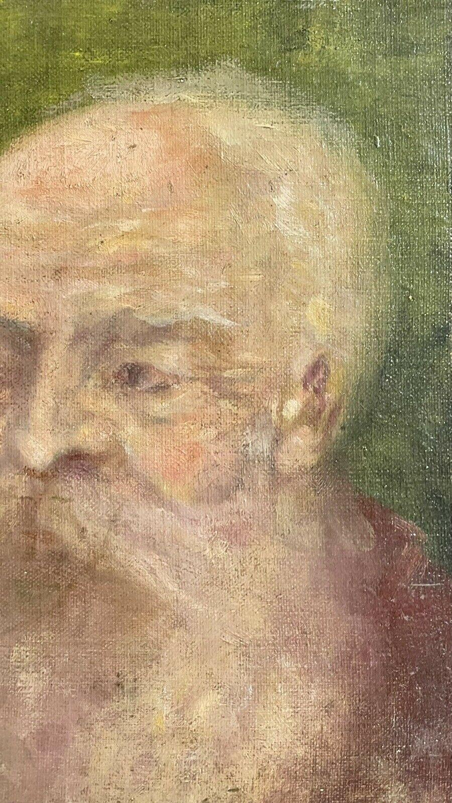Artist/ School: French School, late 19th century, indistinctly monogrammed upper left corner.

Title: Portrait of a Bearded Man

Medium: oil painting on canvas laid to board, unframed.

Size:  painting: 9.25 x 7.25 inches

Provenance: from a private