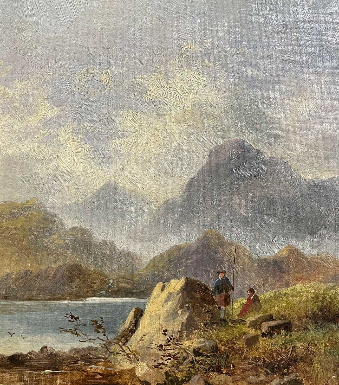 VICTORIAN SCOTTISH OIL PAINTING - ANGLERS BESIDE HIGHLAND LOCH & MOUNTAINS - Brown Landscape Painting by H. Wilson