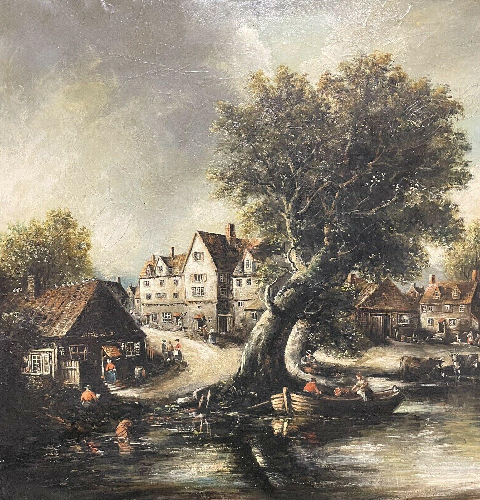 HUGE ANTIQUE BRITISH OIL PAINTING RIVER LANDSCAPE & BUILDINGS - SIGNED RIMA - Beige Landscape Painting by Norman French