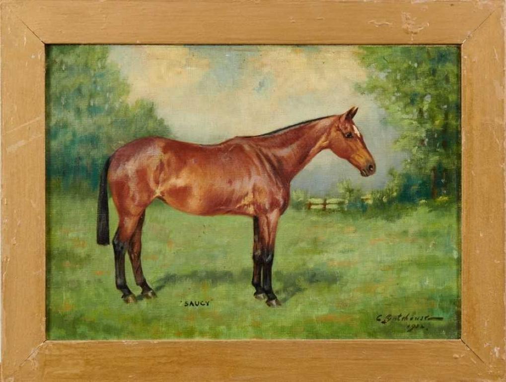 Charles E. Gatehouse Landscape Painting - 1900's BRITISH SPORTING ART - SIGNED OIL - PORTRAIT OF HORSE IN LANDSCAPE