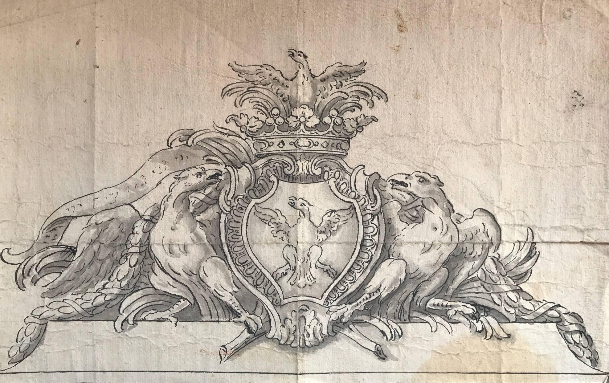 Fine Old Master Drawing - Heraldic Crest Coronet & Shield