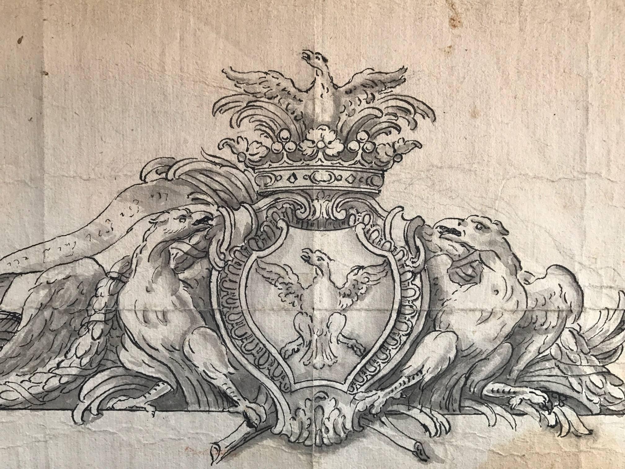 Fine Old Master Drawing - Heraldic Crest Coronet & Shield - Art by Unknown