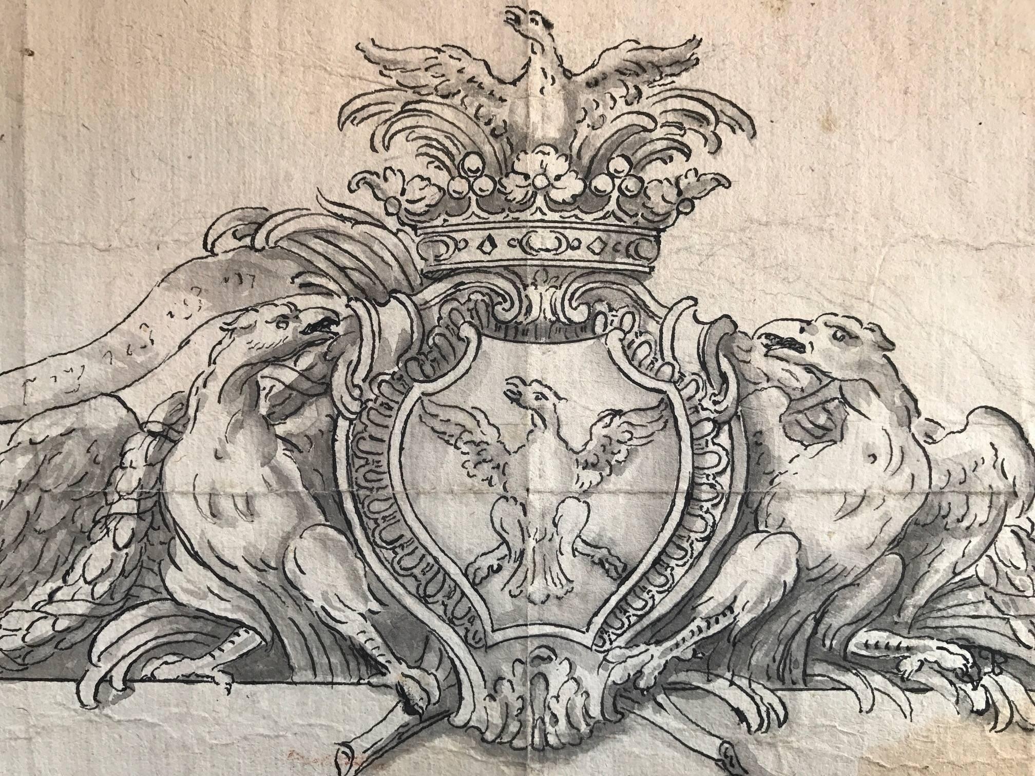 Fine Old Master Drawing - Heraldic Crest Coronet & Shield - Baroque Art by Unknown