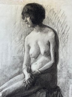 1920's French Charcoal Sketch of Seated Nude Lady The Artists Model