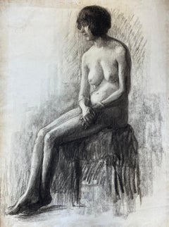 1920's French Charcoal Sketch of Seated Nude Lady The Artists Model