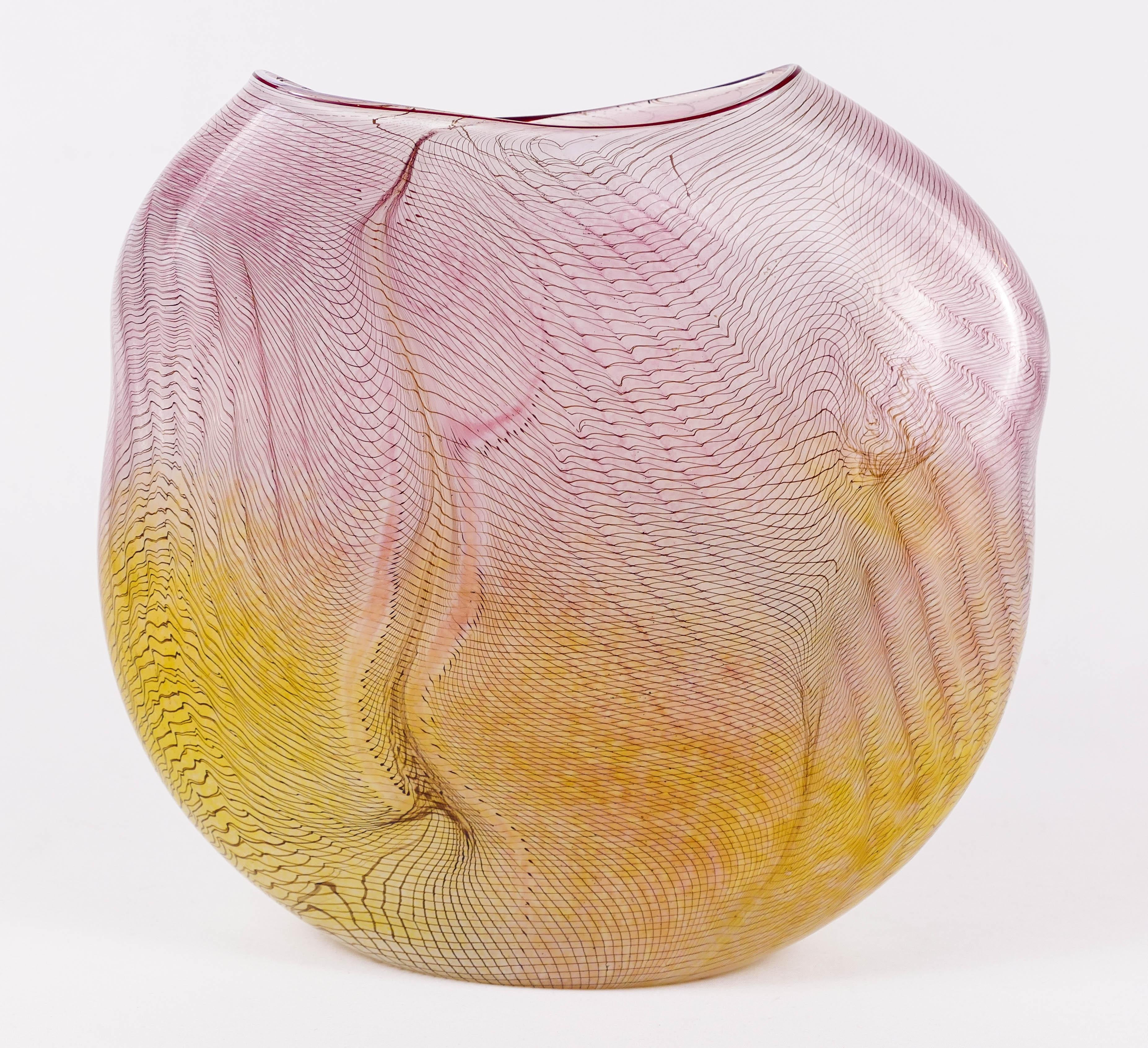 Exceptional early pillow vase by William Morris. Pink to yellow coloring with spider web threading. Just beautiful! 