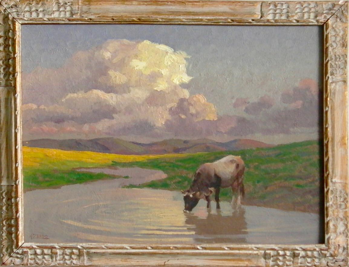 Alberto Zardo Animal Painting - Cow Watering in Italian Countryside Impressionist Landscape (blue, green, yellow