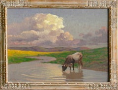Cow Watering in Italian Countryside Impressionist Landscape (blue, green, yellow