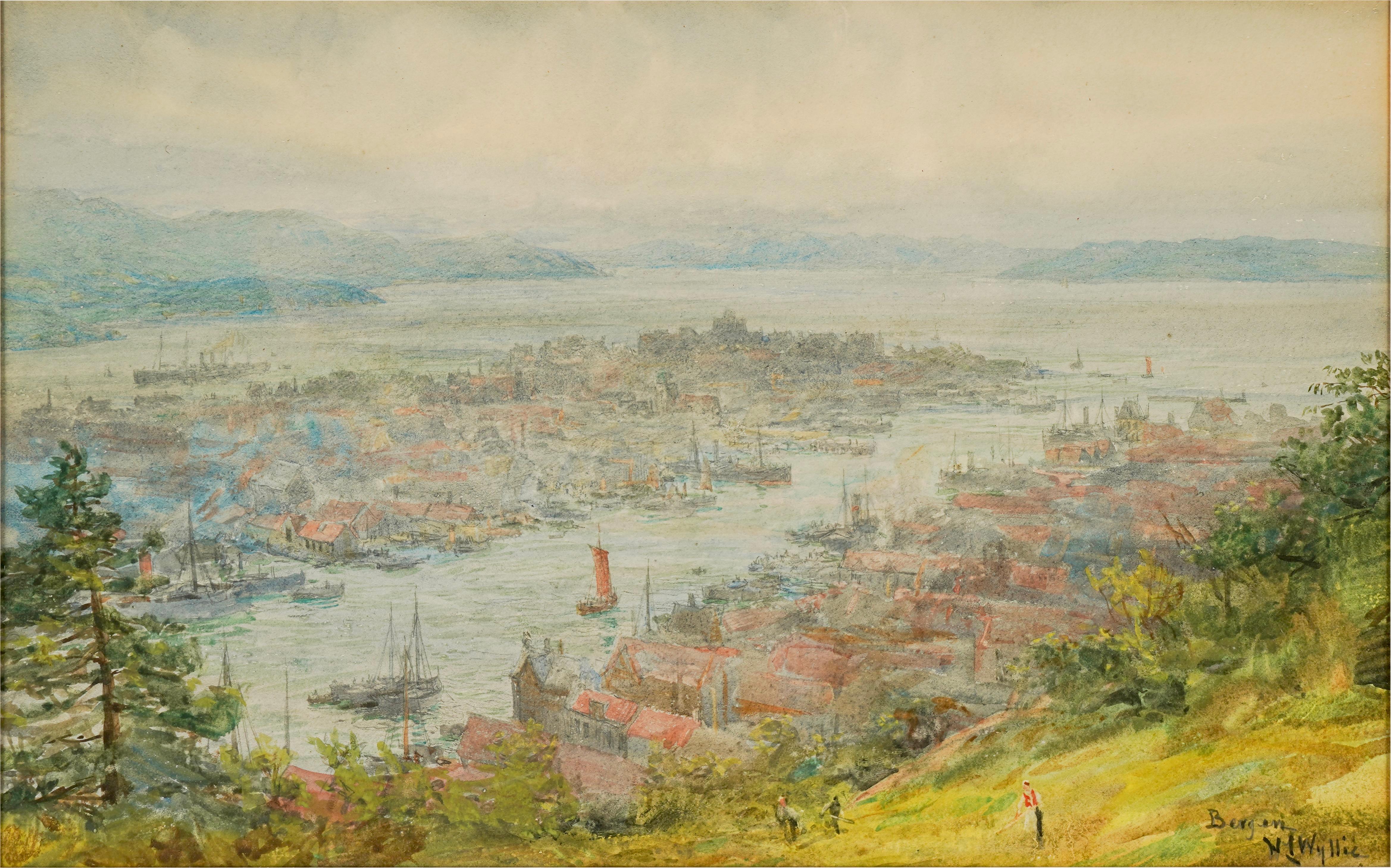 Bergen, Norway -  Ships in The Harbor - Houses & Figures - circa 1906