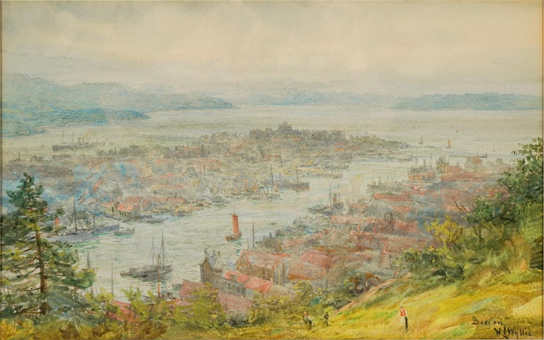 Bergen, Norway -  Ships in The Harbor - Houses & Figures - circa 1906 - Art by William Lionel Wyllie, R.A., R.I., R.E.
