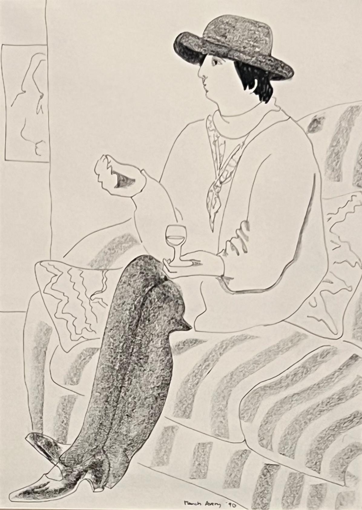 March Avery Figurative Art - "Untitled" 1990 Seated Woman wearing a hat 
holding a glass of wine INK DRAWING