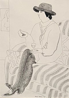 "Untitled" 1990 Seated Woman wearing a hat & holding a glass of wine INK DRAWING
