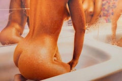 Vintage Nude Woman in Bathtub w Mirror Reflections Photorealism erotica 1977 watercolor 