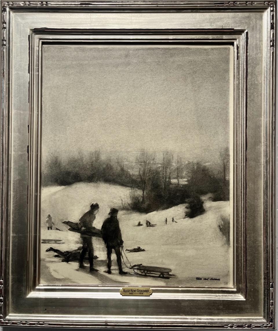 Landscape Art Alice Kent Stoddard - Sledders - Scène de neige d'hiver - Enfants jouant sur des flèches, dessin au fusain vers 1950-60