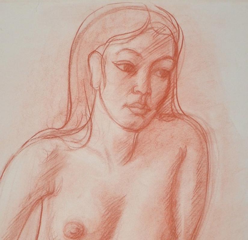 THEO MEIER Belleza tailandesa - Desnudo femenino sentado sanguina sobre papel 1969 Artista suizo - Nude Beige de Theo Meier