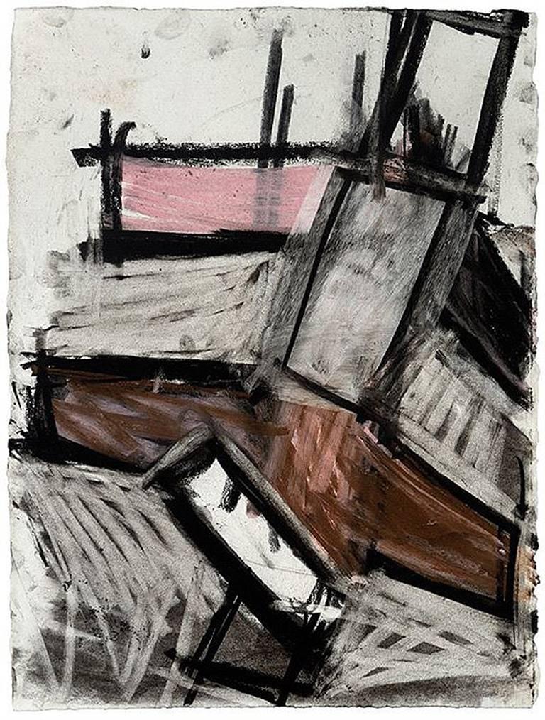 Joel Shapiro Abstract Drawing – Ohne Titel 1985 (Farbenfrohe skulpturale Zeichnung)  Schwarz, Rosa, Braun, Weiß und Grau