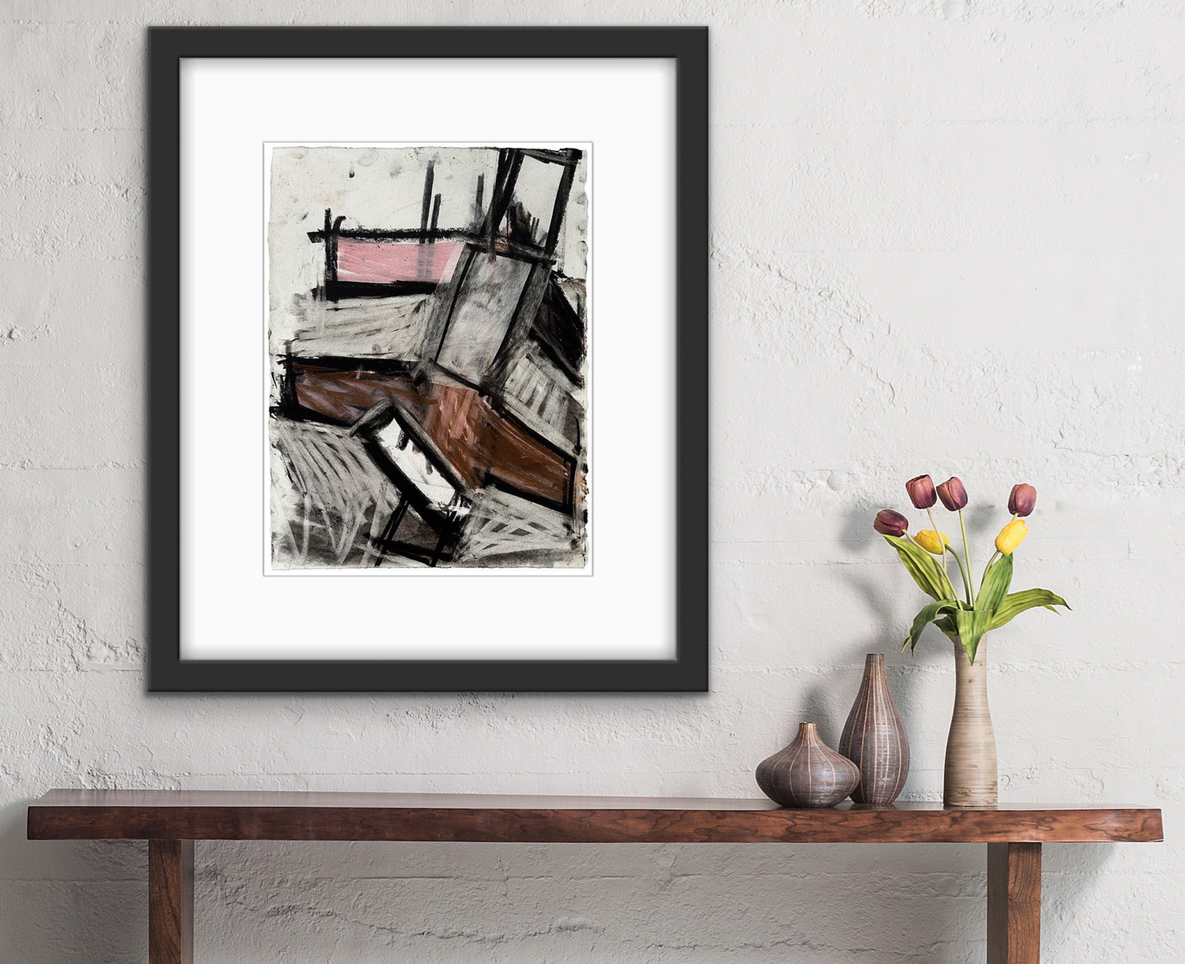 A lovely 1985 sculptural drawing by Joel Shapiro utilizing shades of pink, brown, white, gray and black. Signed on the verso. Framed
Provenance: McIntosh/Drysdale Gallery, Washington, DC............ 
Joel Shapiro (born September 27, 1941, New York