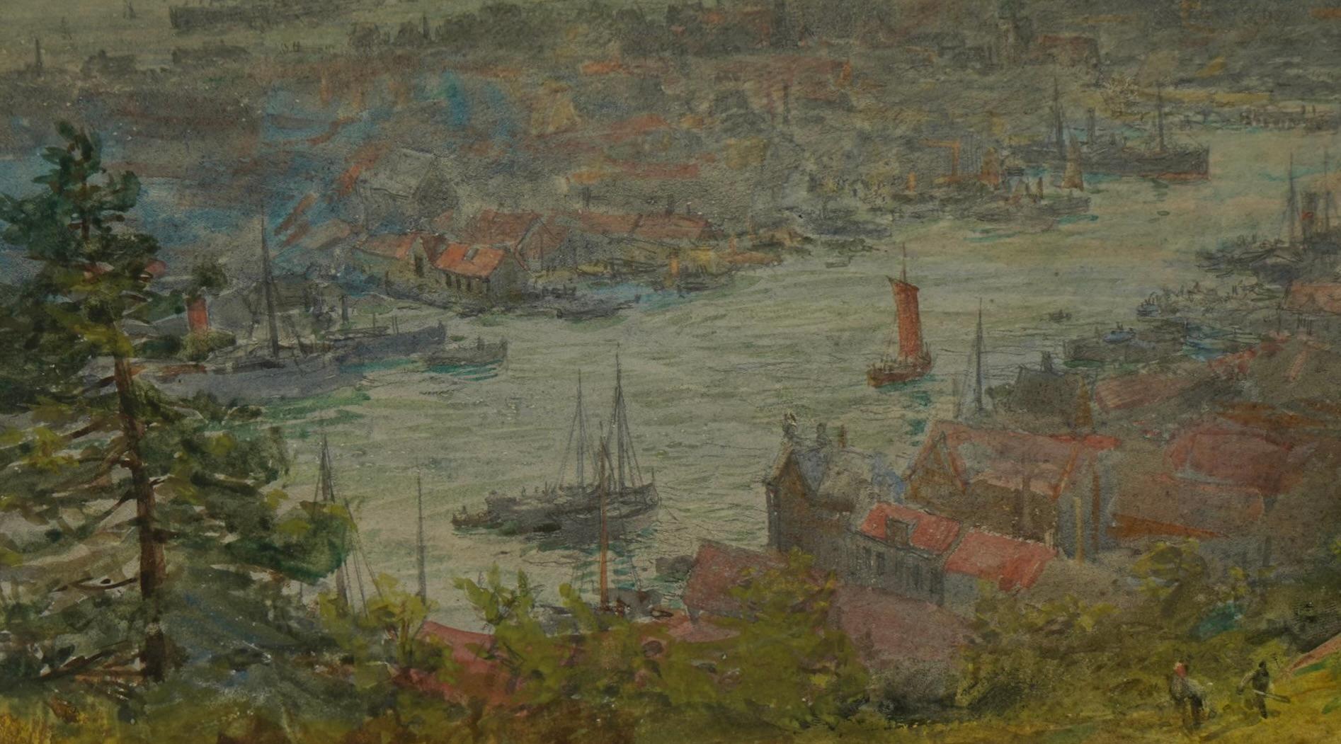 Bergen, Norwegen –  Schiffe im Hafen – Häuser und Figuren – um 1906 im Angebot 1