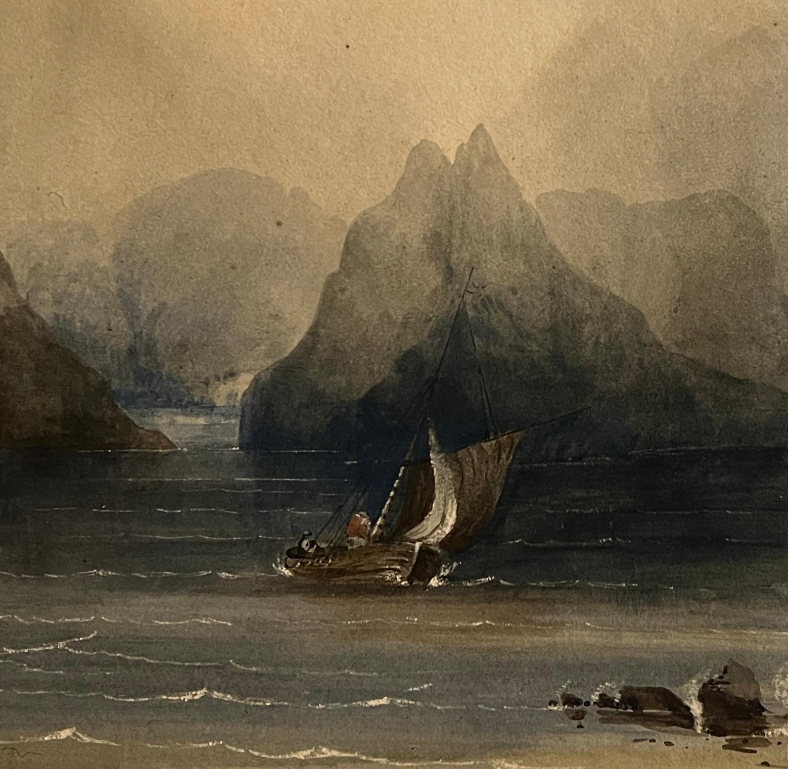 Charles Darwin dans le remorqueur du Beagle, Patagonie côtière, Argentine 19e siècle wc - Romantique Painting par Conrad Martens