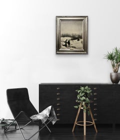 Sledders - Winter Snow Scene - Kids playing on Sleds, Charcoal drawing c 1950-60